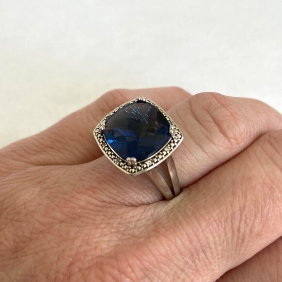 Sterling Silver 925 P☆M Blue Cubic Zirconia & Diamond Accent Stone Ring Sz 7 - Picture 3 of 16